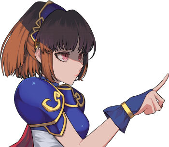 Rule 34 | 1girl, absurdres, arle nadja, armor, blue armor, blue headband, breastplate, brown hair, cape, chest guard, commentary request, corset, dra combo, gold trim, half updo, hand guard, hand up, headband, highres, looking to the side, madou monogatari, pointing, ponytail, puyopuyo, puyopuyo n, red eyes, short hair, sidelocks, simple background, solo, white background