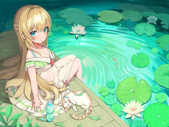 1girl blonde_hair blue_bra blue_eyes bra bra_strap braid breasts carp cat chinese_commentary cleavage closed_mouth commentary dress fish flower highres koi leaf lily_pad long_hair looking_at_viewer lotus medium_breasts original pond ramune ripples sitting soaking_feet solo sparkle underwear water water_drop water_lily_flower wet wet_clothes wet_dress white_dress xi_luo
