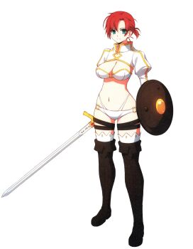 Rule 34 | 1girl, absurdres, aotsuki takao, bikini, blue eyes, boots, boudica (fate), breasts, cleavage, fate/grand order, fate (series), female focus, full body, highres, juliet sleeves, leather, leather boots, long sleeves, medium breasts, navel, o-ring, o-ring bikini, o-ring bottom, o-ring top, official art, open mouth, ponytail, puffy sleeves, red hair, saitou chiwa, shield, short hair, skindentation, smile, solo, swimsuit, sword, thigh boots, thigh strap, thighhighs, voice actor connection, weapon