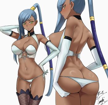 1girl artist_name ass ass_focus bare_back bare_shoulders bikini blush breasts butt_crack choker code_geass code_geass:_lost_stories collarbone commission cross-laced_bikini cross-laced_clothes dark-skinned_female dark_skin elbow_gloves gloves grey_hair hand_on_own_hip high_ponytail highres huge_ass large_breasts looking_at_viewer looking_back official_alternate_costume ponytail shiny_skin simple_background solo swimsuit villetta_nu white_background yellow_eyes yoo_tenchi