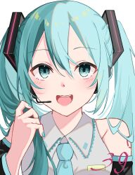 Rule 34 | 1girl, :d, aqua eyes, aqua hair, aqua nails, aqua necktie, arm tattoo, black sleeves, blush, breasts, collared shirt, commentary, detached sleeves, double-parted bangs, fanged bangs, fingernails, grey shirt, hair between eyes, hair ornament, hand up, hatsune miku, headphones, headset, highres, holding, holding hair, long bangs, long hair, looking at viewer, microphone, miku day, nail polish, necktie, number tattoo, open mouth, portrait, shiel 0, shirt, simple background, sleeveless, sleeveless shirt, smile, solo, straight-on, tattoo, teeth, twintails, upper teeth only, vocaloid, white background
