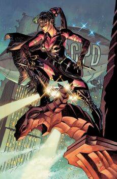 Rule 34 | 1girl, batman (series), black dress, black gloves, black hair, blush stickers, cape, cityscape, dc comics, dress, ear piercing, gargoyle, gloves, guillem march, hair ornament, holding, holding knife, knife, looking down, multicolored hair, night, piercing, punchline (dc), purple shirt, shirt, torn clothes, zipline