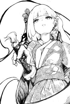 alternate_costume blunt_bangs breasts cropped_torso from_below greyscale hair_ribbon hairband highres japanese_clothes kimono konpaku_youmu konpaku_youmu_(ghost) long_sleeves monochrome ribbon sash sashimi_oniku sheath sheathed simple_background small_breasts sword sword_on_back touhou weapon weapon_on_back wide_sleeves
