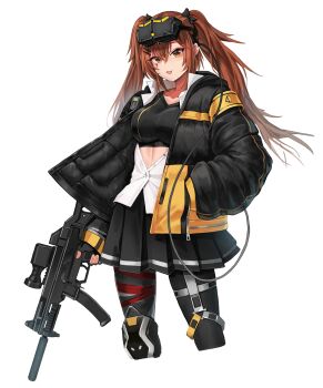1girl :3 armband bad_id bad_pixiv_id black_bow black_gloves black_jacket black_skirt bow breasts brown_hair commentary cowboy_shot cropped_legs eyewear_on_head fingerless_gloves girls&#039;_frontline gloves gun h&amp;k_ump hair_between_eyes hair_bow hair_ornament hairclip hand_in_pocket head-mounted_display highres holding holding_gun holding_weapon jacket knee_pads large_breasts long_hair long_sleeves multicolored_jacket night_vision_device nlitz open_clothes open_jacket open_shirt pantyhose parted_lips partially_unbuttoned pleated_skirt scar scar_across_eye scar_on_face shirt simple_background single_knee_pad skirt solo standing submachine_gun trigger_discipline twintails two-tone_jacket ump9_(girls&#039;_frontline) ump9_(mod3)_(girls&#039;_frontline) weapon white_background white_shirt yellow_armband yellow_jacket