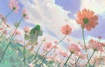 1girl arm_up bag basket cloud cloudy_sky commentary dress dutch_angle elbow_carry flower from_below green_eyes grey_dress hand_on_headwear hand_up hat highres holding holding_basket leaf_hat looking_afar looking_up open_mouth original outdoors pink_flower plant pointy_ears scenery shoulder_bag sidelocks sky solo standing wenjun_lin wide_shot