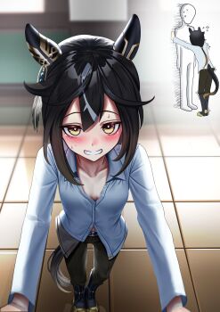 1boy 1girl absurdres against_wall animal_ears black_boots black_hair black_pants blush boots breasts brown_eyes brown_hair ear_covers feather_hair_ornament feathers hair_between_eyes hair_ornament hand_on_wall height_difference highres horse_ears horse_girl horse_tail kabedon long_hair long_sleeves looking_at_viewer manjo_(warito) multicolored_hair open_mouth pants ponytail shirt small_breasts smile stay_gold_(umamusume) streaked_hair sweat tail teeth umamusume white_hair white_shirt