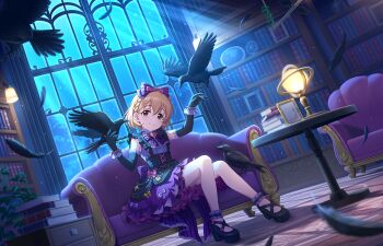1girl bird book book_stack bookshelf bow braid brown_eyes brown_hair center_frills couch desk_lamp drawer elbow_gloves feathers frilled_skirt frills game_cg gloves hair_bow heart high-waist_skirt high_heels idolmaster idolmaster_cinderella_girls idolmaster_cinderella_girls_starlight_stage koga_koharu lamp leaf moonlight official_art picture_frame sitting skirt smile table window wrist_cuffs