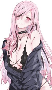 1girl absurdres alternate_costume black_collar black_hair black_shirt breasts collar commentary english_commentary grin hair_over_one_eye highres hololive hololive_english jewelry kamiya_maneki large_breasts lingerie long_hair long_sleeves looking_at_viewer mori_calliope multicolored_hair necklace official_alternate_hairstyle panty_straps partially_unbuttoned pink_eyes pink_hair shirt sidelocks simple_background single_off_shoulder skull_necklace smile solo spiked_collar spikes streaked_hair underwear virtual_youtuber white_background