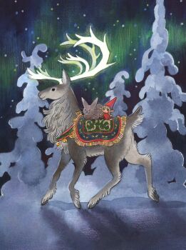 1girl 2others animal antlers aurora bell black_eyes cat closed_eyes colored_pencil_(medium) dress fringe_trim glowing grey_cat grey_fur heikala horns jingle_bell mini_person minigirl multiple_others night night_sky original painting_(medium) pine_tree pointy_ears pointy_hat red_dress reindeer reindeer_antlers saddle sitting_on_animal sky snow snow_on_tree star_(sky) traditional_media tree watercolor_(medium) winter