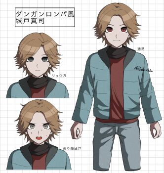 1boy aqua_jacket black_eyes brown_hair character_name closed_mouth commentary_request danganronpa_(series) earrings grid_background highres hoshi_no_shizuku jacket jewelry kamen_rider kamen_rider_ryuki_(series) kido_shinji komatsuzaki_rui_(style) long_sleeves looking_at_viewer male_focus multiple_views nervous_sweating open_clothes open_jacket open_mouth pants parody red_eyes short_hair single_earring smile stud_earrings style_parody sweat teeth translated twitter_username upper_teeth_only