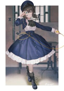 1girl alternate_costume ascot black_eyes black_hair boots commentary_request full_body girls_und_panzer hat highres liberta815 looking_at_viewer monochrome nishizumi_maho pocket_watch short_hair skirt smile solo watch