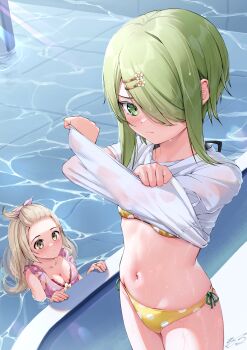 2_ru 2girls absurdres azumi_hagumu bangs_pinned_back bikini blush breasts brown_hair cleavage closed_mouth clothes_lift collarbone commentary_request embarrassed eyebrows_hidden_by_hair flower frilled_bikini frills green_eyes hair_flower hair_ornament hair_over_one_eye hairclip highres jewelry large_breasts lifting_own_clothes long_bangs long_hair looking_at_another looking_at_viewer magia_record:_mahou_shoujo_madoka_magica_gaiden mahou_shoujo_madoka_magica miyabi_shigure multiple_girls navel nose_blush one_eye_covered parallel_hairclips pink_bikini polka_dot polka_dot_bikini pool poolside ring shirt shirt_lift short_hair sidelocks signature split_mouth standing stomach swimsuit t-shirt undressing water water_drop wet wet_hair white_shirt yellow_bikini