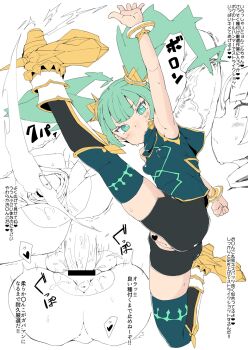 Rule 34 | 1girl, anus, arm up, armored boots, bar censor, blush, boots, breasts, censored, cervix, clothing cutout, commentary request, crotchless, erection, gold trim, green eyes, green hair, heart, heart censor, hetero, high kick, highres, kicking, long hair, looking at viewer, mjolnir (monster strike), monster strike, motion lines, penis, penis on face, pussy, pussy juice, sex, shorts, skindentation, small breasts, spread pussy, sweat, sweatdrop, thighhighs, twintails, vaginal, veins, veiny penis, zettai yarumoni