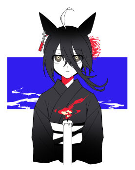 1girl animal_ears black_eyes black_kimono candle closed_mouth commentary_request ear_ornament ear_tag earrings expressionless fire flower hair_between_eyes hair_flower hair_ornament highres horse_ears japanese_clothes jewelry kimono long_hair_between_eyes long_sleeves manhattan_cafe_(umamusume) medium_hair melvi0 multicolored_hair obi official_alternate_costume official_alternate_hairstyle red_flower revision sash single_earring solo spider_lily umamusume white_hair white_sash
