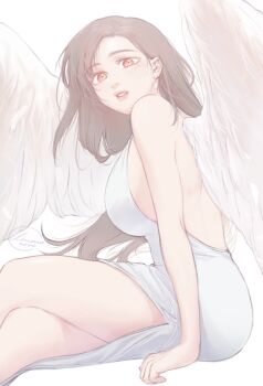 1girl angel angel_wings arm_support bare_arms bare_shoulders black_hair breasts commentary crossed_legs dress earrings english_commentary feathered_wings feathers feet_out_of_frame final_fantasy final_fantasy_vii from_side hair_behind_ear jewelry large_breasts linono lips long_hair looking_at_viewer looking_to_the_side parted_lips pink_lips red_eyes signature single_earring solo thighs tifa_lockhart white_background white_dress white_feathers white_wings wings