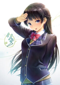1girl :d arm_behind_back black_hair black_jacket blazer blue_eyes blue_skirt bow bowtie commentary_request floating_hair highres jacket kath lapels long_hair looking_at_viewer nijisanji open_mouth plaid_clothes plaid_lapels pleated_skirt red_bow red_bowtie salute simple_background skirt smile solo speech_bubble standing sweater translation_request tsukino_mito tsukino_mito_(1st_costume) very_long_hair virtual_youtuber white_background yellow_sweater