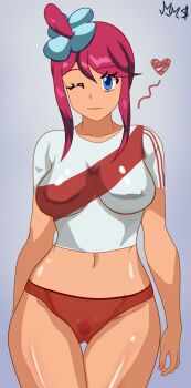 1girl alternate_costume blue_eyes breasts buruma curvy female_pubic_hair flower hair_flower hair_ornament happy heart highres large_breasts legs macabromac navel nintendo one_eye_closed panties partially_visible_vulva peru pokemon pokemon_bw pubic_hair pussy red_hair seductive_smile self-upload sequence skyla_(pokemon) smile soccer soccer_uniform spoken_heart sportswear tan thick_thighs thighs underwear wide_hips