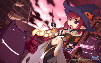 black_gloves black_pants bone book bookshelf breasts cauldron chain coat copyright_notice creature crop_top derivative_work deviruchi front_slit gloves grey_coat hat highres holding holding_book holding_wand jack-o'-lantern_hat_ornament long_hair medium_breasts navel official_art official_wallpaper open_book open_clothes open_coat open_mouth pants pink_hair pointy_ears purple_eyes purple_hat ragnarok_online screenshot_redraw shirt smoke suspenders thighhighs vial wand warlock_(ragnarok_online) white_shirt white_thighhighs witch_hat yuichirou