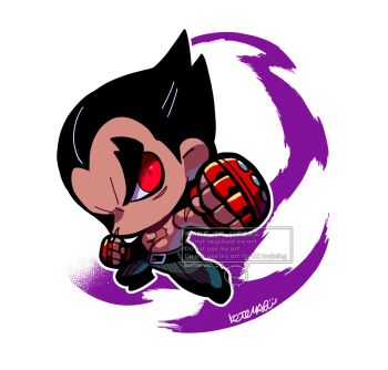 1boy belt black_belt black_hair black_pants chibi commentary fingerless_gloves foreshortening full_body gloves highres kotorai male_focus mishima_kazuya no_mouth no_nose pants red_eyes red_gloves signature simple_background solo studded_gloves symbol-only_commentary tekken thick_eyebrows topless_male v-shaped_eyebrows white_background