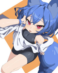 Rule 34 | 1girl, absurdres, animal ear fluff, animal ears, arm at side, arm support, bare shoulders, black bodysuit, blouse, blue hair, blush, bodysuit, downblouse, fox ears, fox girl, fox tail, from above, hand up, highres, looking at viewer, miya (myakuro), myakuro, off-shoulder shirt, off shoulder, original, red eyes, shirt, sitting, sleeveless, sleeveless bodysuit, sleeves past elbows, slit pupils, solo, tail, tongue, tongue out, white shirt