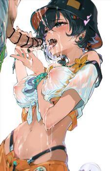 1boy 1girl absurdres after_ejaculation after_fellatio bar_censor belle_(summer_skies)_(zenless_zone_zero) belle_(zenless_zone_zero) bikini bikini_under_clothes black_hat black_nails blue_hair breasts brother_and_sister bucket_hat censored commentary_request covered_erect_nipples crossed_bangs cum cum_in_mouth cum_on_body cum_on_breasts cum_on_clothes cum_on_hair cum_on_hands cum_on_headwear cum_on_stomach cum_on_tongue cum_on_upper_body cum_string earrings excessive_cum facial green_eyes hair_between_eyes hair_ornament hat hetero highres incest jewelry kurotsuki_machi large_breasts letter_hair_ornament low_twintails male_pubic_hair nail_polish navel nipples official_alternate_costume official_alternate_hairstyle open_mouth orange_bikini orange_shorts penis pubic_hair revision see-through_clothes see-through_shirt shirt short_hair shorts siblings stomach swimsuit tied_shirt tongue tongue_out twintails white_background white_shirt wise_(peaceful_waves)_(zenless_zone_zero) wise_(zenless_zone_zero) zenless_zone_zero