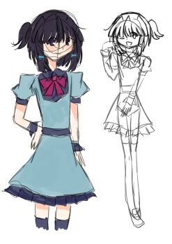 1girl :d abie_(abii_ru) absurdres aqua_skirt arabic_commentary belt blue_belt blue_hair_tubes blue_shirt blue_wrist_cuffs bow bowtie cropped_legs detached_collar flat_chest frilled_skirt frills full_body hair_tubes hand_on_own_face hand_on_own_hip highres ibispaint_(medium) light_blush loafers looking_at_viewer looking_to_the_side maid multiple_views non-web_source one_eye_closed open_mouth original pink_bow pink_bowtie pleated_skirt ponytail puffy_short_sleeves puffy_sleeves purple_eyes purple_hair self-upload shirt shoes short_hair short_hair_tubes short_ponytail short_side_ponytail short_sleeves sketch skirt smile socks thighhighs unfinished white_background wrist_cuffs zettai_ryouiki