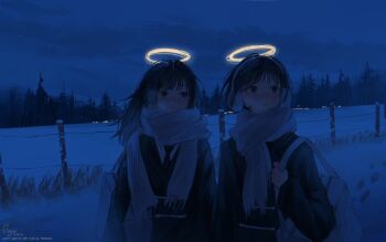 2girls bag black_hair blazer blue_theme blush breath closed_mouth commentary fence halo hand_up holding holding_bag jacket long_hair multiple_girls necktie night nose_blush original outdoors ryane_(yry_0) scarf scenery school_bag school_uniform short_hair shoulder_bag signature snow traditional_halo tree upper_body winter