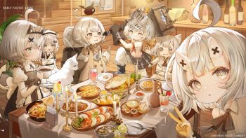 6+girls @_@ ahoge bandaid bandaid_on_face bell black_ribbon bottle brown_eyes cat chair cheese collared_dress commentary copyright_name copyright_notice dasha dress duet_night_abyss english_commentary fish food green_eyes hammer highres holding holding_hammer juliet_sleeves long_sleeves lunosmith multiple_girls neck_bell neck_ribbon official_art pants pie pitcher_(container) pointy_ears puffy_pants puffy_sleeves ribbon second-party_source sitting sleeveless sleeveless_dress snow_(duet_night_abyss) table tomato v white_dress white_eyes white_hair white_pants