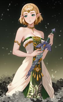 1girl absurdres aldrich.art armlet blon braid breasts circlet cleavage commentary crown_braid dress green_eyes green_tabard highres holding holding_sword holding_weapon jewelry large_breasts looking_to_the_side master_sword nintendo parted_lips pointy_ears princess_zelda short_hair solo strapless strapless_dress sword tabard the_legend_of_zelda the_legend_of_zelda:_tears_of_the_kingdom weapon white_dress