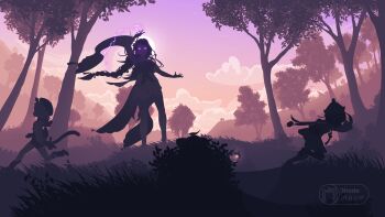 4girls absurdres animal_ears arms_up braid bush cat_ears cat_girl cloud cloudy_sky commentary dawn diona_(genshin_impact) electricity english_commentary full_body genshin_impact glowing glowing_eyes gradient_background hair_flowing_over hair_ornament hat height_difference hide_and_seek hiding highres loli long_braid long_hair long_sleeves multiple_girls outdoors playing powering_up purple_eyes purple_sky qiqi_(genshin_impact) raiden_shogun running sayu_(genshin_impact) scenery shade_of_a_cat shadow single_braid sky standing sun sunset tail tree wide_sleeves