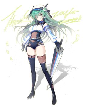 1girl black_thighhighs blue_boots blue_gloves blue_leotard boots breasts covered_navel gloves green_eyes green_hair hat highres kochiya_sanae leotard long_hair medium_breasts solo thigh_boots thighhighs touhou white_hat yinco