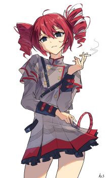1girl absurdres ahoge buttons cigarette commentary double-breasted drill_hair frilled_skirt frills grey_jacket grey_skirt hair_ribbon highres holding holding_cigarette jacket k2s kasane_teto kasane_teto_(sv) looking_at_viewer parted_lips pleated_skirt red_hair ribbon signature simple_background skirt smoke smoking solo synthesizer_v twin_drills utau white_background