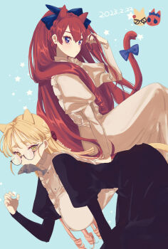 2girls animal_ears annelise_flagellum_(niboshi) bent_over black_dress blonde_hair blue_background blue_bow blue_eyes bow breasts cat_ears cat_girl cat_tail choppy_bangs claw_pose closed_mouth commentary_request dated double-parted_bangs dress eurasia_(wtp09ptw14) fish fish_in_mouth glasses hair_between_eyes hair_bow hand_up highres kemonomimi_mode large_breasts long_hair long_sleeves looking_at_viewer mouth_hold multiple_girls original red_hair simple_background sitting sitting_on_person star_(symbol) tail tail_bow tail_ornament troja_von_richtofen_(eurasia) white_dress