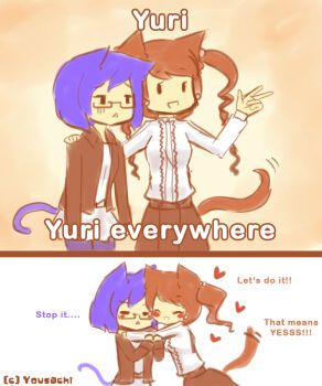 >_< 2girls ^_^ animal_ears artist_name beige_background blush blush_stickers cat cat_ears cat_tail character_request closed_eyes comic english_text glasses jacket long_hair long_sleeves meme multiple_girls open_mouth original school_uniform serafuku short_hair simple_background smile split_screen tail twintails white_background wince yousachi yuri