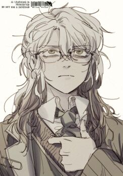 Rule 34 | 1other, adjusting clothes, adjusting necktie, closed mouth, collared shirt, glasses, gyujik qzc, hand up, jacket, looking up, medicine pocket, medicine pocket (the cosmos photographer), medium hair, necktie, official alternate costume, reverse:1999, shirt, solo, upper body, vest, white background