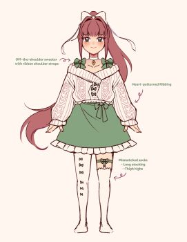 Rule 34 | 1girl, absurdres, arrow (symbol), asymmetrical legwear, blush, bow, brown hair, choker, collarbone, commentary, concept art, doki doki literature club, dot nose, dress bow, english commentary, english text, eyelashes, frilled skirt, frills, green bow, green eyes, green ribbon, green skirt, hair intakes, hair ribbon, heart, heart pendant, high ponytail, highres, legwear garter, long hair, long sleeves, mismatched legwear, monika (doki doki literature club), off-shoulder sweater, off shoulder, official art, pointing out the details, ponytail, puffy long sleeves, puffy sleeves, ribbed sweater, ribbon, shoulder strap, sidelocks, simple background, single legwear garter, skirt, sleeves past wrists, smile, solo, sweater, thighhighs, uneven legwear, v-neck, white background, white choker, white ribbon, white sweater, white thighhighs, yinyuszi