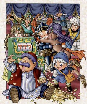 4girls 6+boys 777 aged_down ancestor_and_descendant aqua_tunic armor bag blue_armor blue_helmet bodysuit brown_hair casino child clenched_teeth coin commentary_request cousins creature_request curly_hair dark-skinned_female dark_skin dragon_quest dragon_quest_i dragon_quest_ii dragon_quest_iii dragon_quest_iv dragon_quest_monsters:_terry&#039;s_wonderland dragon_quest_vi facial_hair fake_horns fins gloves gold_coin green_eyes green_gloves green_tabard head_fins helmet hero_(dq1) hero_(dq4) highres horned_helmet horns hug in-franchise_crossover jealous long_hair looking_to_the_side manya_(dq4) metal_bikini money_bag multiple_boys multiple_girls murakami_yumiko mustache nervous open_mouth orange_bodysuit pelvic_curtain playboy_bunny plume prince_of_lorasia prince_of_samantoria princess_laura purple_hair roto&#039;s_emblem shoulder_bag sitting slime_(dragon_quest) slot_machine spiked_hair striped_clothes sweatdrop tabard teeth terry_(dq6) thief_(dq3) tiara toriyama_akira_(style) torneko tunic vest white_hair yellow_vest