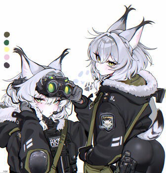 1girl absurdres animal_ears ass black_hoodie black_jacket black_pantyhose elbow_pads gloves goggles goggles_on_head green_eyes grey_gloves grey_hair haze_(7h4ze) highres hood hoodie jacket looking_at_viewer medium_hair original pantyhose tail