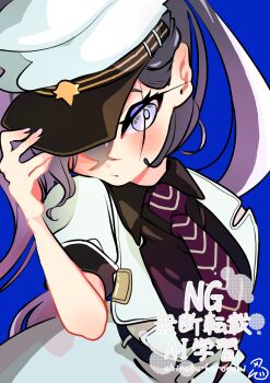 Rule 34 | 1girl, black shirt, blue background, collared shirt, commentary request, grey eyes, grey hair, hat, highres, jacket, long hair, military hat, military jacket, military uniform, minus (reverseblue), necktie, noiji0707, peaked cap, reverseblue x re-birthend, shirt, short sleeves, signature, solo, striped clothes, striped necktie, twintails, white hat, white jacket