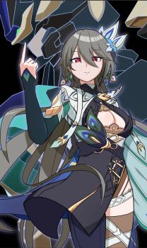 1girl bunmk08 cleavage_cutout clothing_cutout dress green_hair grey_hair hair_between_eyes highres honkai_(series) honkai_impact_3rd light_smile long_hair long_sleeves mecha mixed-language_commentary peacock_feathers_hair_ornament pointing red_eyes robot single_thighhigh starjumper_(mecha) strap thighhighs very_long_hair vita_(honkai_impact) vita_(lone_planetfarer)_(honkai_impact) yellow_pupils