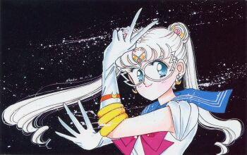1990s_(style) 1girl absurdres arm_up artbook bishoujo_senshi_sailor_moon black_background blue_eyes blue_sailor_collar closed_mouth crescent crescent_earrings dark_background domino_mask double_bun earrings eye_mask gloves hair_bun highres jewelry lips long_hair mask official_art pale_skin pink_lips retro_artstyle sailor_collar sailor_moon sailor_moon_(prototype) scan smile solo takeuchi_naoko tsukino_usagi v white_gloves white_hair white_mask