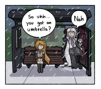 3girls akita_neru beer_can belt bench blonde_hair brain_implosion_energy can drink_can kasane_teto long_hair looking_at_another midriff mitsuko_tan multiple_girls necktie purple_necktie rain side_ponytail solo speech_bubble tagme very_long_hair vocaloid white_hair yellow_necktie yowane_haku