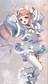 1girl :d ahoge aozora_himari arm_up blue_skirt blush bow bracelet commentary cropped_jacket drill_hair fur-trimmed_jacket fur-trimmed_sleeves fur_trim grey_leg_warmers hat highres himitsu_no_aipri jacket jewelry jumping leg_warmers long_hair looking_at_viewer open_mouth outline pantyhose pink_bow pink_hair pretty_series purple_eyes rabbit_pose roly shirt shirt_tucked_in shoes shorts skirt smile snowflakes solo twin_drills very_long_hair white_hat white_outline white_pantyhose white_shirt white_shoes white_shorts