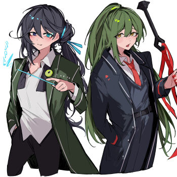 Rule 34 | 2boys, absurdres, ascot, black coat, black eyes, black hair, black pants, black vest, blue eyes, blue ribbon, coat, collared shirt, cosplay, costume switch, green coat, green hair, hair bun, half updo, heterochromia, high ponytail, highres, holding, holding wand, holding weapon, hong lu (project moon), library of ruina, limbus company, long hair, long sleeves, looking at viewer, male focus, multiple boys, nakame77, necktie, netzach (project moon), open mouth, pants, ponytail, project moon, red necktie, ribbon, shirt, simple background, standing, undone ascot, upper body, vest, wand, weapon, white background, white shirt, yellow eyes