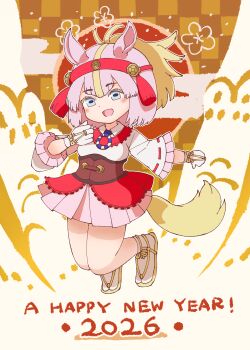 1girl absurdres animal_ears blue_eyes brown_hair commentary_request extra_ears full_body gloves hair_ornament happy_new_year highres hissaa_(hisser) jumping kemono_friends long_hair looking_at_viewer multicolored_hair new_year nontraditional_miko pink_hair ponytail sandals shinme_(kemono_friends) simple_background skirt solo tabi tail two-tone_hair zouri