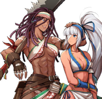 Rule 34 | 2girls, abs, anchor tattoo, arm pouch, bow (weapon), dark-skinned female, dark skin, darli dagger, dreadlocks, eyepatch, female focus, gloves, hand on another's head, itouei, majikina mina, multiple girls, muscular, muscular female, ponytail, quiver, samurai spirits, sarong, saw, saw cleaver, side-tie skirt, simple background, snk, tan, tattoo, tool belt, weapon, white hair, white sarong
