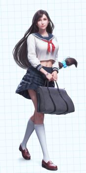 1girl 3d bag black_hair blue_sailor_collar blue_scrunchie blue_skirt bracelet breasts brown_shoes checkered_background closed_mouth collarbone commentary cropped_shirt earrings english_commentary final_fantasy final_fantasy_vii final_fantasy_vii_ever_crisis full_body hair_ornament hair_scrunchie hairclip highres holding holding_bag jewelry kneehighs large_breasts lips long_hair looking_at_viewer low-tied_long_hair midriff midriff_peek miniskirt navel neckerchief official_alternate_costume patreon_username pink_lips pleated_skirt red_eyes red_neckerchief ribbed_socks sailor_collar school_uniform scrunchie serafuku shoes skirt socks solo sreliata swept_bangs tifa_lockhart tifa_lockhart_(midgard_seventh_high_school) walking white_serafuku white_socks