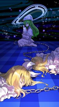 3girls blonde_hair blonde_stage_5_enemy_(lotus_land_story) bow chain closed_eyes commentary dress english_commentary facing_away frilled_dress frills from_side gingham green_eyes green_hair hair_bow hair_over_one_eye hat highres holding holding_pocket_watch hugging_object kaigen_1025 kazami_yuuka kazami_yuuka_(pc-98) long_hair long_sleeves looking_at_viewer looking_to_the_side lotus_land_story lying multiple_girls nightcap nightgown on_stomach oversized_object pocket_watch sitting socks star_(symbol) touhou touhou_(pc-98) wariza watch white_bow white_dress white_headwear white_nightgown white_socks wide_shot