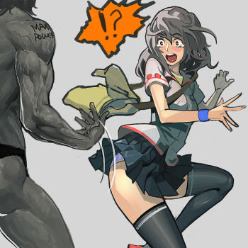 !? 1boy 1girl artist_name bad_id bad_pixiv_id bag black_male_swimwear black_swim_briefs black_thighhighs grey_background grey_hair ladic legs long_hair looking_back male_swimwear muscular open_mouth original panties pantyshot power shirt shoulder_bag simple_background skirt skirt_flip striped_clothes striped_panties surprised swim_briefs swimsuit thighhighs thighs underwear upskirt veins wristband
