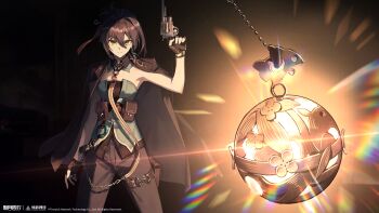 Rule 34 | 1girl, :|, absurdres, ball, black background, black gloves, black hair, black jacket, black pants, closed mouth, copyright name, copyright notice, detached collar, fingerless gloves, gloves, glowing, green shirt, gun, hair between eyes, hair bun, handgun, highres, holding, holding gun, holding weapon, jacket, jacket on shoulders, logo, longjing (xinyue tongxing), looking at viewer, official art, official wallpaper, pants, revolver, shirt, short hair, solo, strapless, strapless shirt, twitching penis, upper body, v-shaped eyebrows, weapon, xinyue tongxing